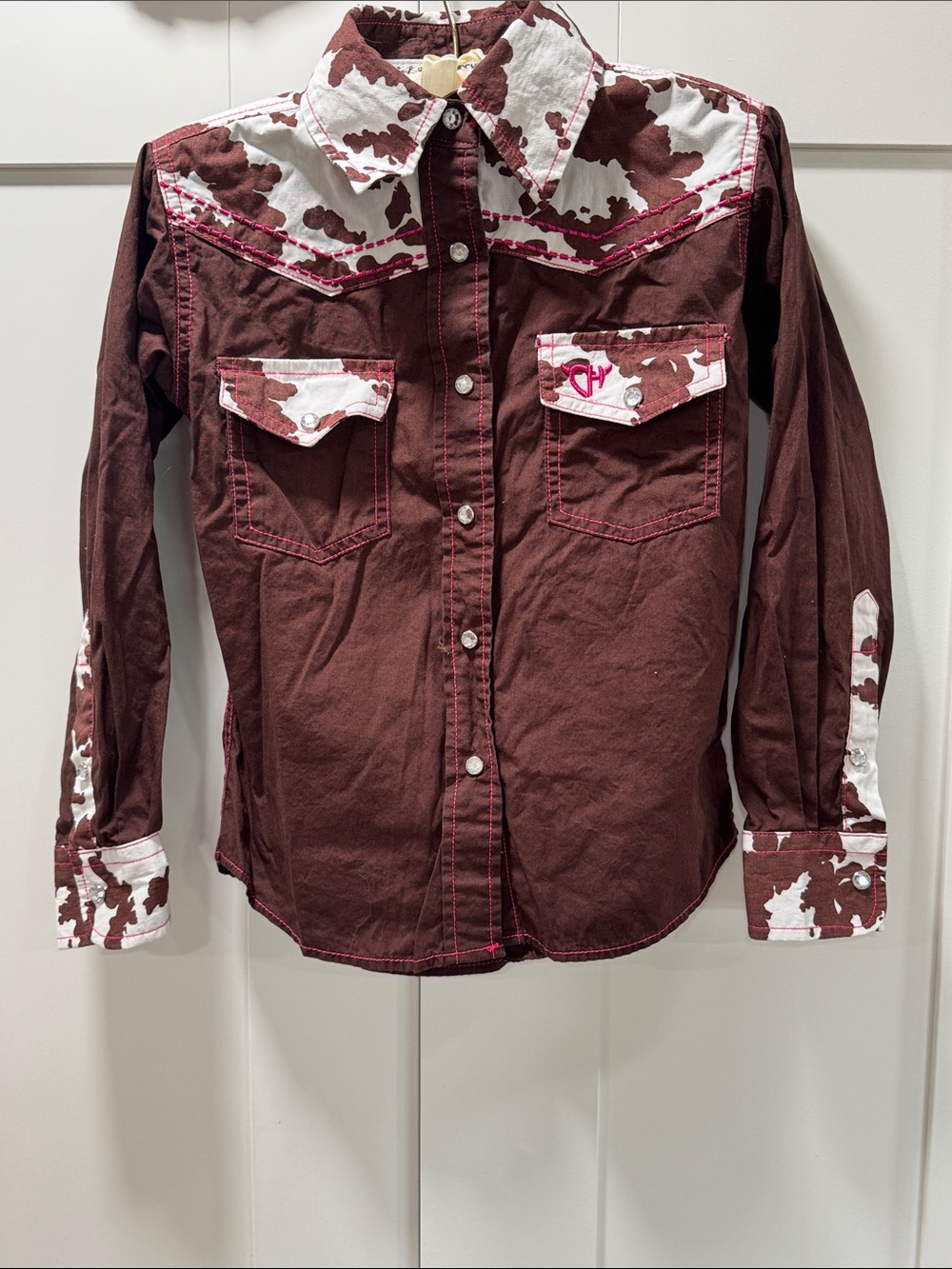 Brown Cowboy Cowprint Western Shirt with White/Pink Contrast